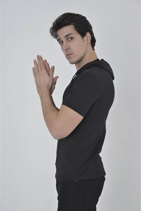 eyesof Erkek Kapşonlu Slim Fit T-shirt - Siyah