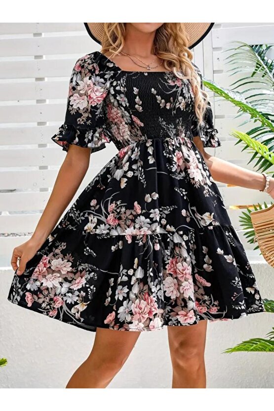 Kadın Kısa Kollu Kare Yakalı Beli Lastikli Kısa Süprem Elbise