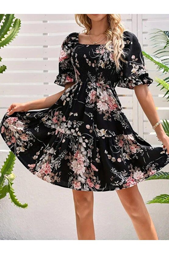 Kadın Kısa Kollu Kare Yakalı Beli Lastikli Kısa Süprem Elbise