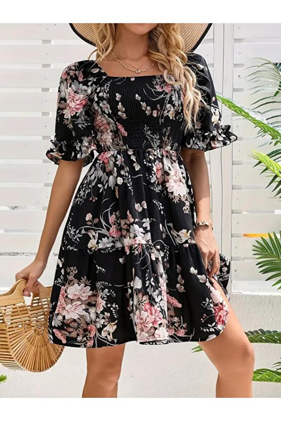 Kadın Kısa Kollu Kare Yakalı Beli Lastikli Kısa Süprem Elbise