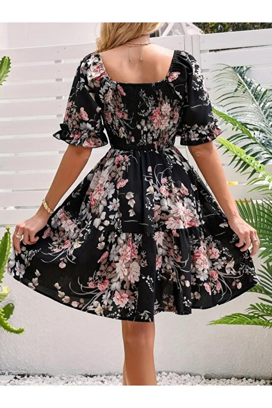 Kadın Kısa Kollu Kare Yakalı Beli Lastikli Kısa Süprem Elbise