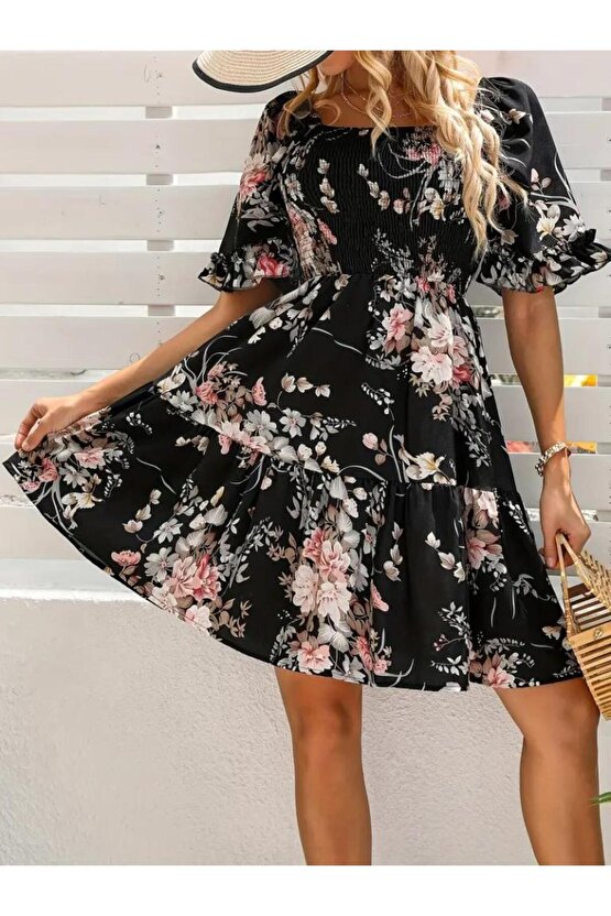 Kadın Kısa Kollu Kare Yakalı Beli Lastikli Kısa Süprem Elbise