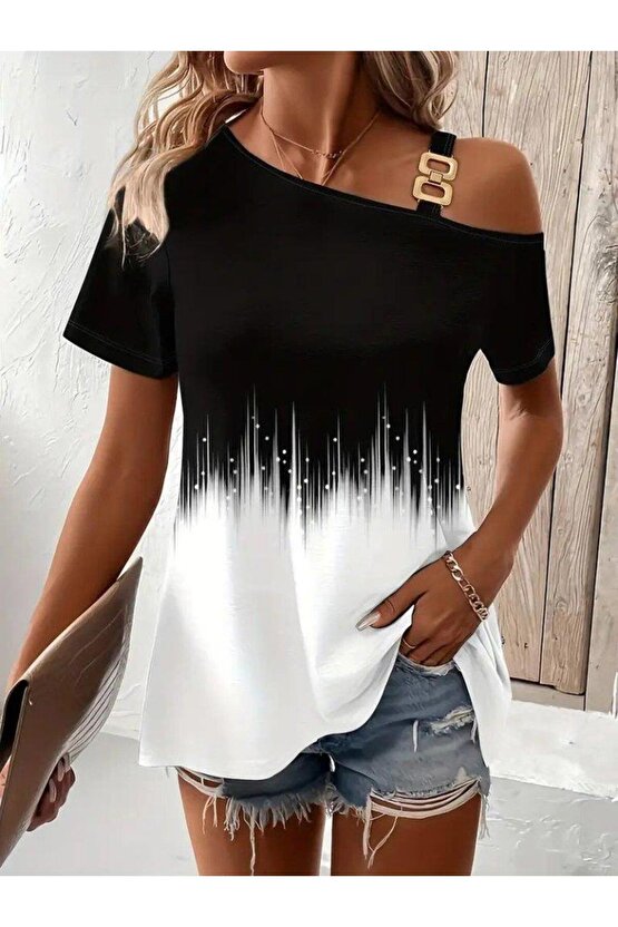 Kadın Tek Omuzdan Açık Askı Detaylı Desenli Süprem Bluz