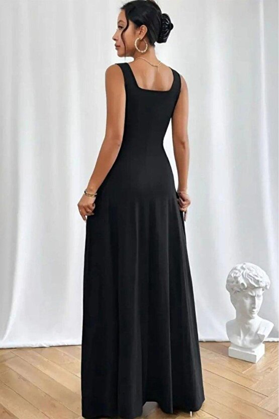 Kadın Askılı U Yaka Janjan Krep Elbise