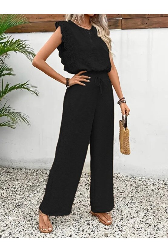 Kadın Kolsuz Bisiklet Yaka Aerobin Bluz Ve Bağcıklı Pantolon