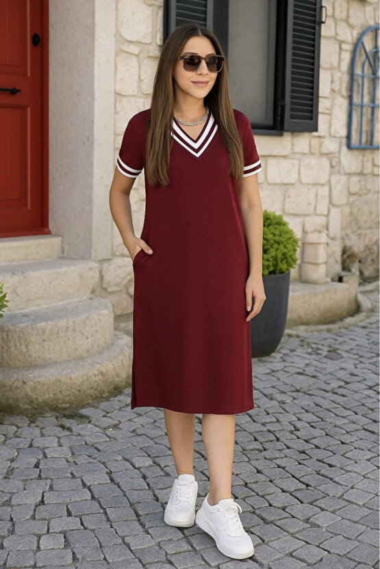 MDB Kadın Kısa Kollu V Yaka Ve Yaka Ribana Detay Midiboy Viskon Elbise