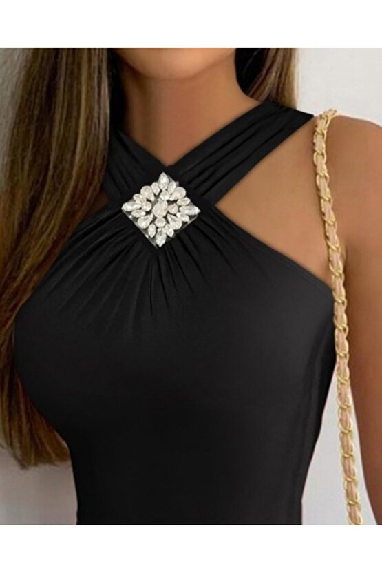 EQURİ Kadın Yakası önden çaprazlı Taş Detaylı Viskon Bluz