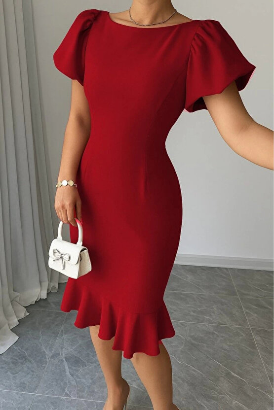 Kadın Kısa Kollu Yuvarlak Yaka Pileli Janjan Krep Elbise