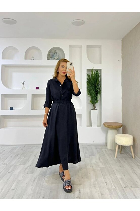 eyesof Kadın Keten Kumaş Gömlek Ve Etek Ikili Takim