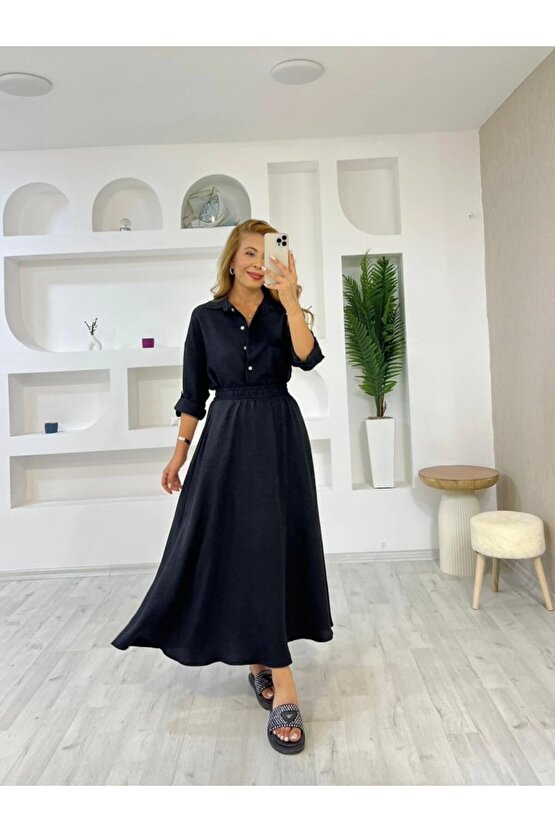 eyesof Kadın Keten Kumaş Gömlek Ve Etek Ikili Takim