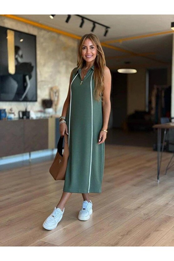 Kadın Modal Kumaş şerit Detaylı Fermuarlı Midi Elbise