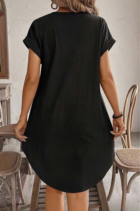 Kadın Kısa Kollu önden Düğmeli Ithal Keten Elbise