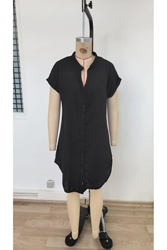 Kadın Kısa Kollu önden Düğmeli Ithal Keten Elbise