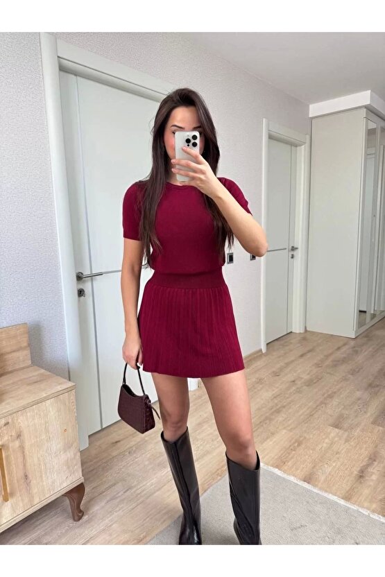 Kısa Kollu Bluz Mini Etekli ikili Takım Triko - Bordo