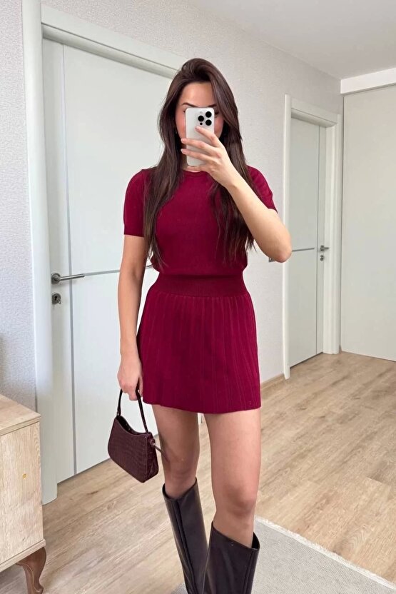 Kısa Kollu Bluz Mini Etekli ikili Takım Triko - Bordo