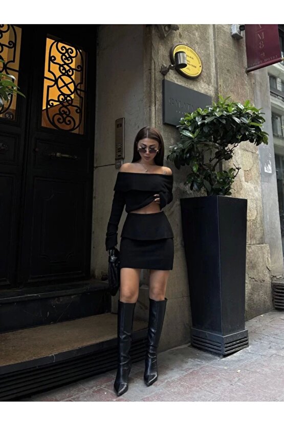 Straplez , Madonna , Carmen Yaka Croplu Mini Etekli ikili Takım Triko - Siyah