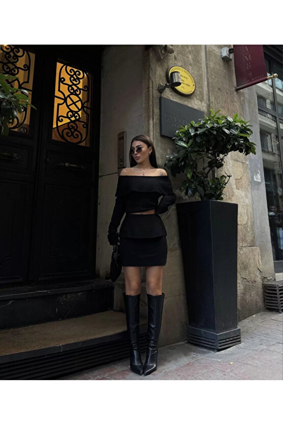 Straplez , Madonna , Carmen Yaka Croplu Mini Etekli ikili Takım Triko - Siyah