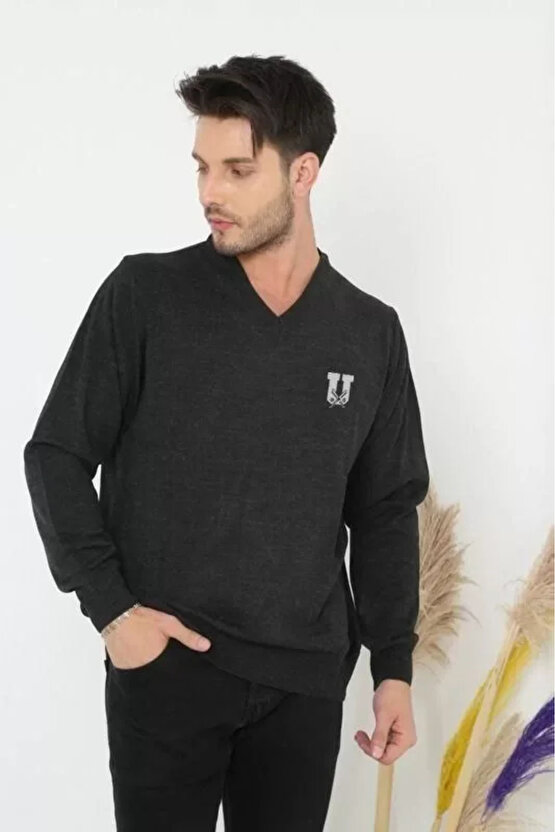 MDB Baskılı V Yaka Uzun Kol Dokuma Triko Füme