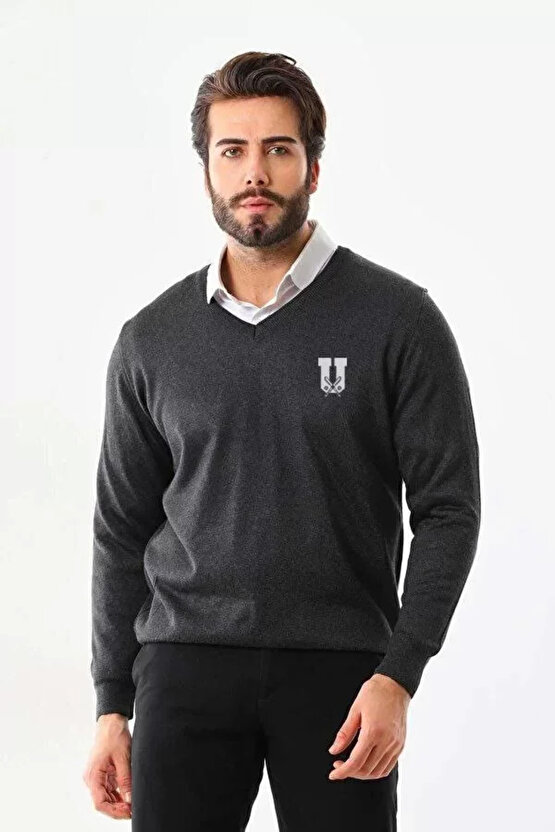 MDB Baskılı V Yaka Uzun Kol Dokuma Triko Füme