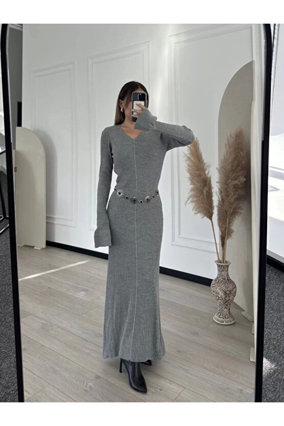 V Yaka Fitilli Uzun Elbise- Gri