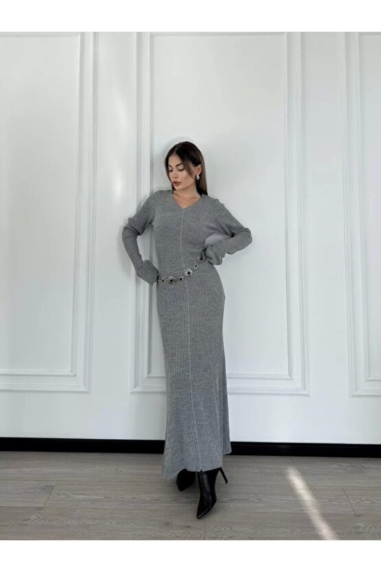 V Yaka Fitilli Uzun Elbise- Gri
