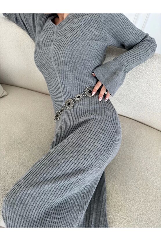 V Yaka Fitilli Uzun Elbise- Gri