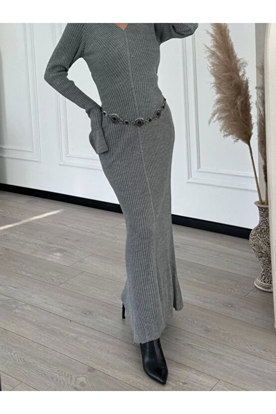 V Yaka Fitilli Uzun Elbise- Gri