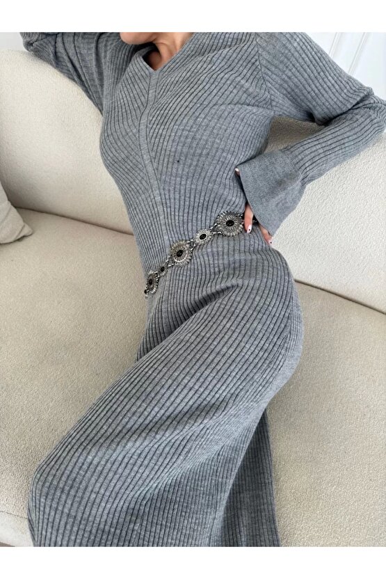 V Yaka Fitilli Uzun Elbise- Gri