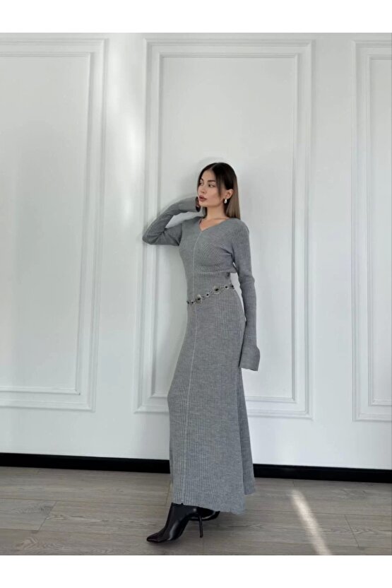 V Yaka Fitilli Uzun Elbise- Gri