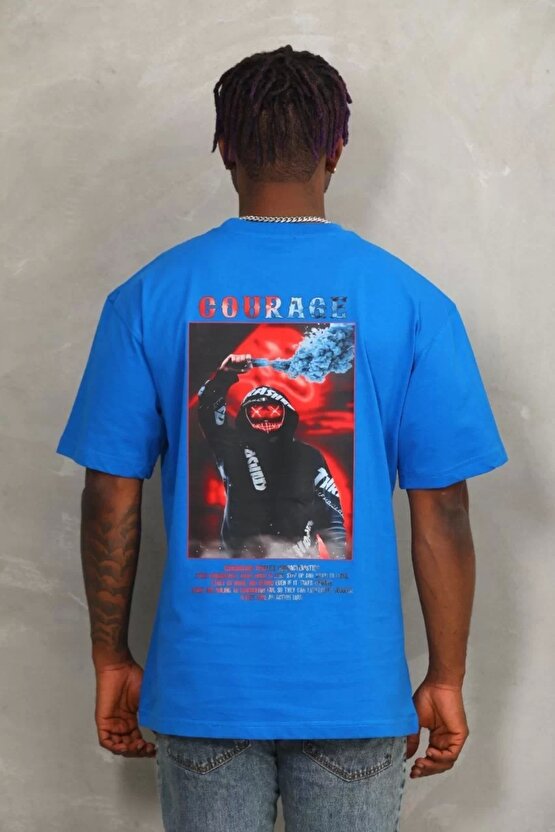 Unisex Oversize Baskılı Bisiklet Yaka T-Shirt - Mavi