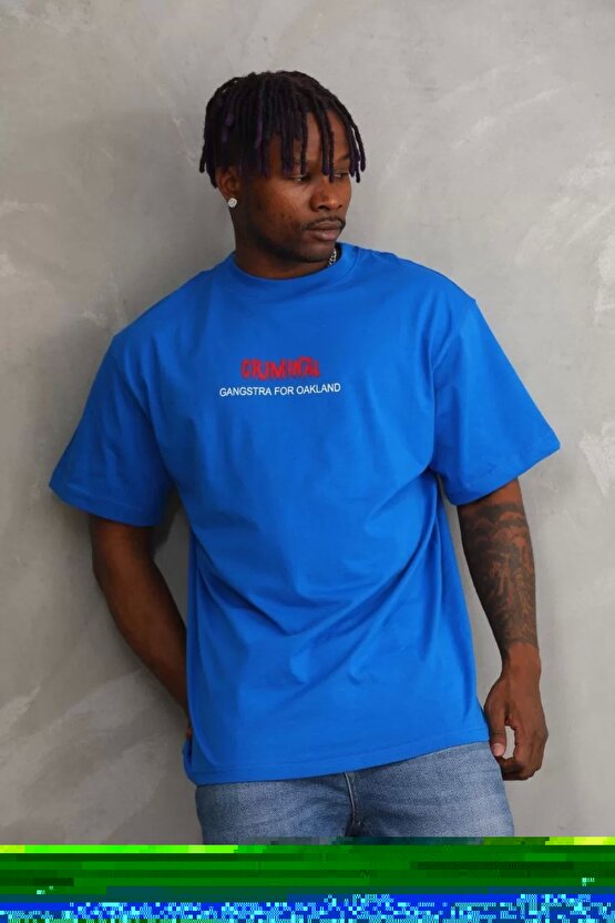 Unisex Baskılı Oversize T-Shirt - Mavi