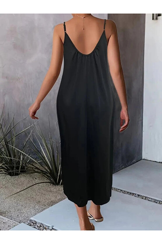 MDB Kadın Ip Askılı Geniş V Yakalı Viskon Elbise