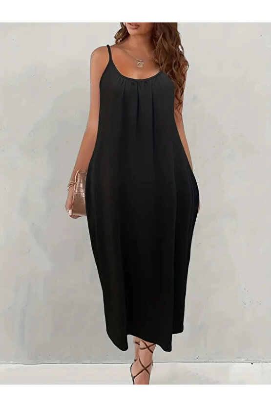 MDB Kadın Ip Askılı Geniş V Yakalı Viskon Elbise