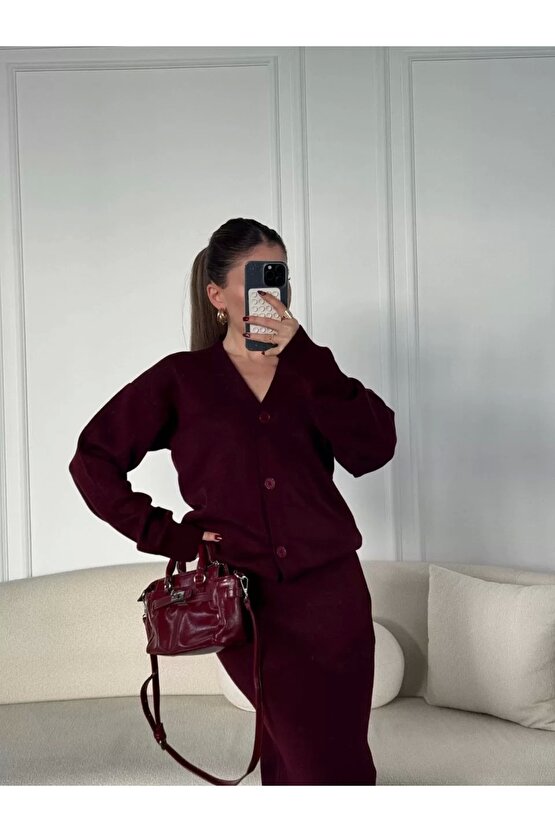 V Yaka 3 Düğmeli Hırka Takım Triko İkili Etekli - Bordo