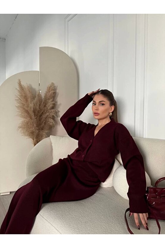 V Yaka 3 Düğmeli Hırka Takım Triko İkili Etekli - Bordo