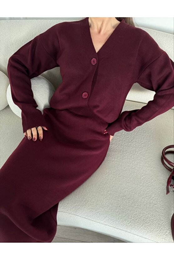 V Yaka 3 Düğmeli Hırka Takım Triko İkili Etekli - Bordo