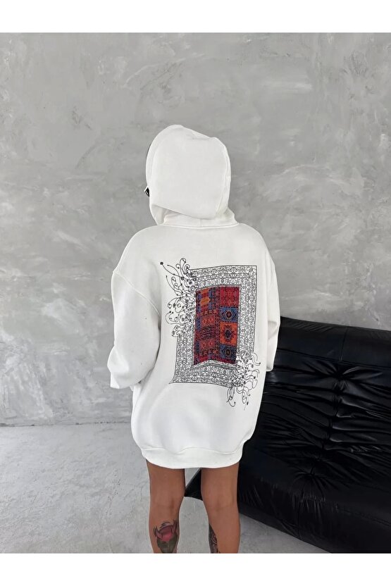 Uzun Kol Kapüşonlu Ön Ve Arka Baskılı SweatShirt - Beyaz