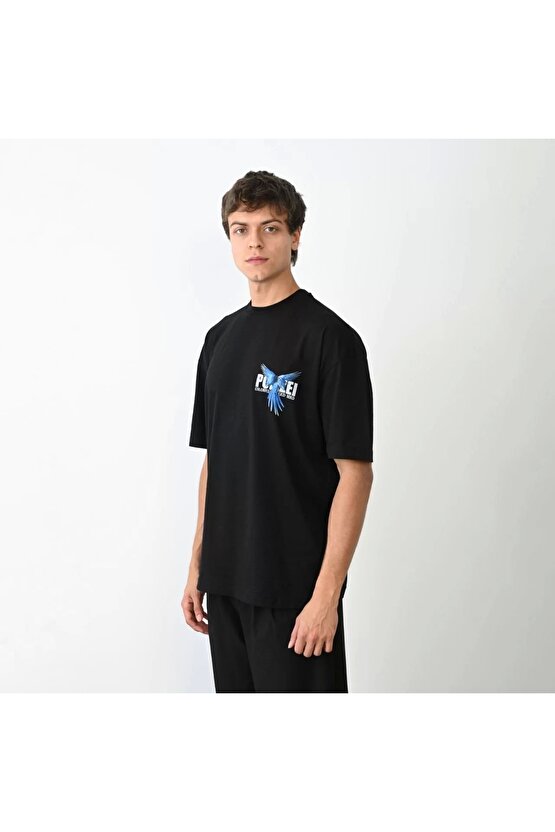 Unisex Bisiklet Yaka Baskılı Oversize T-Shirt - Siyah