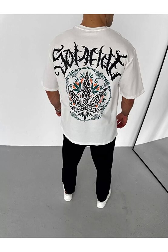 Unisex Bisiklet Yaka Baskılı Oversize T-Shirt - Beyaz