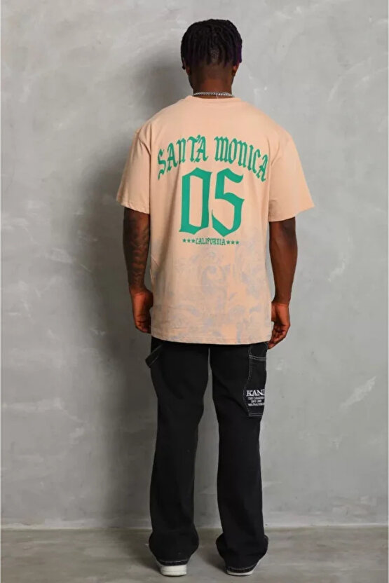 Gökyüzü Moda Unisex Oversize Baskılı Bisiklet Yaka T-Shirt - Bej