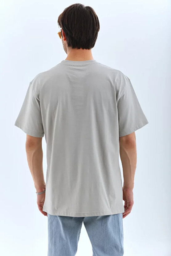 Gökyüzü Moda Unisex Oversize Taşlı Bisiklet Yaka T-Shirt - Gri