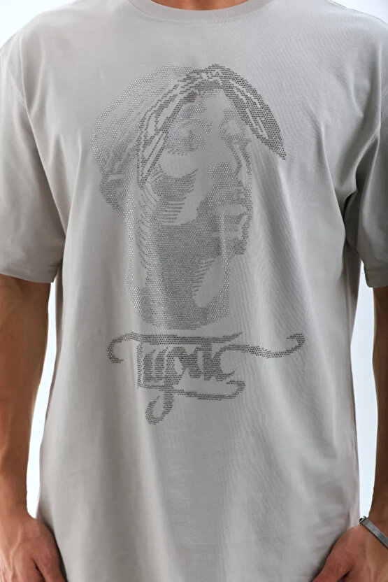 Gökyüzü Moda Unisex Oversize Taşlı Bisiklet Yaka T-Shirt - Gri