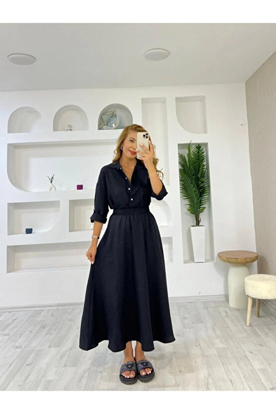 Kadın Keten Kumaş Gömlek Ve Etek Ikili Takim