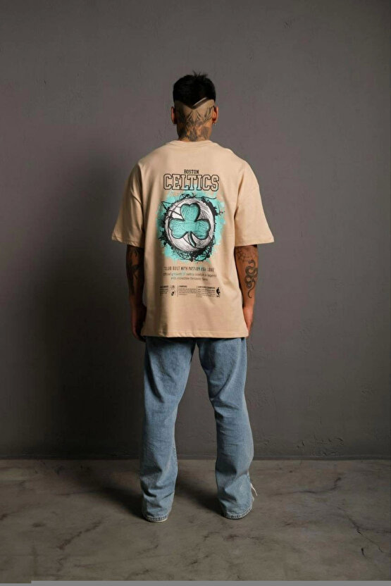 Unisex Bisiklet Yaka Baskılı Oversize T-Shirt - Beyaz