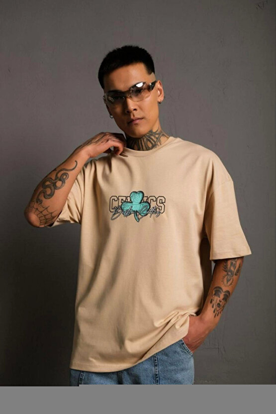 Unisex Bisiklet Yaka Baskılı Oversize T-Shirt - Beyaz