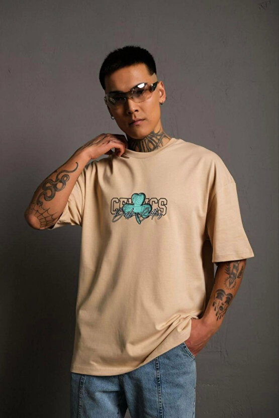 Erkek Sırt Baskılı T-shirt - Bej