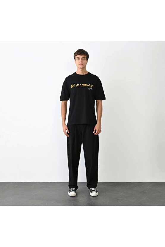 Unisex Bisiklet Yaka Baskılı Oversize T-Shirt - Siyah