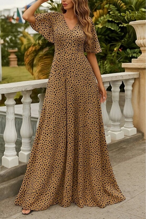 Kadın Kısa Kollu V Yakalı Desenli Süprem Elbise