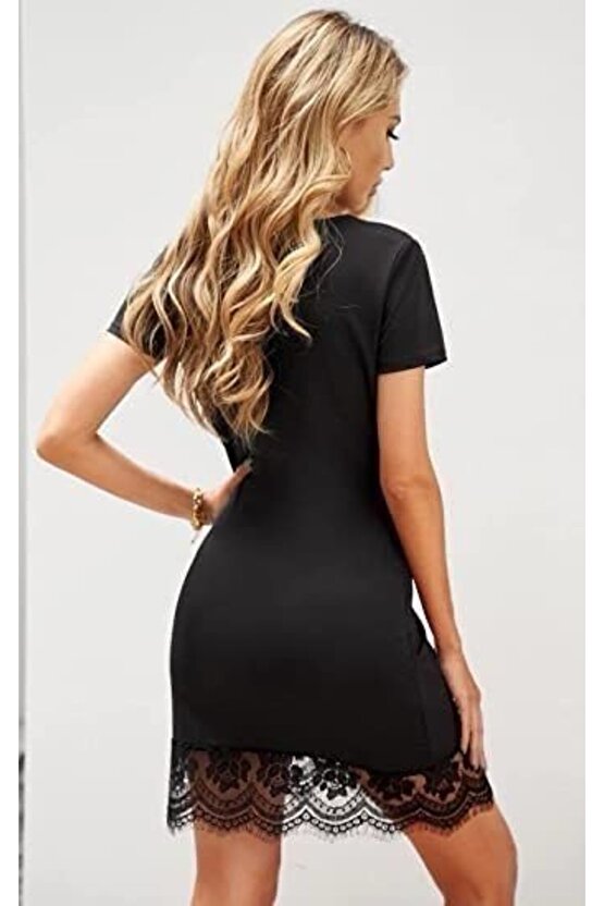 Gökyüzü Moda Kadın Kısa Kollu Kalp Yakalı Dantelli Dalgıç Elbise