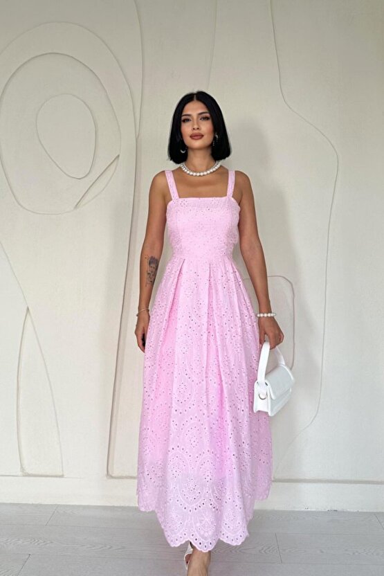 Gökyüzü Moda Pembe Askılı Aparatlı Brode Elbise